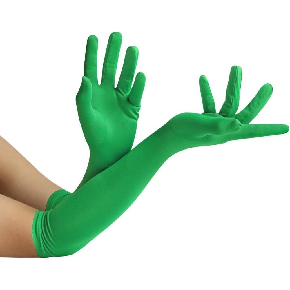Women's Green Elbow Length Fabric Satin Gloves Halloween Costume Accessories